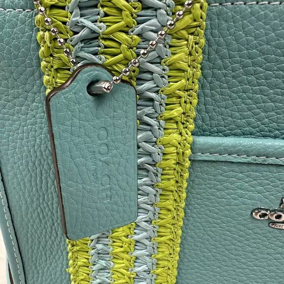 Coach Smith Tote 24 Crossbody In Leather/ Straw Webbing Light Turquoise CBG91 - Picture 2 of 11